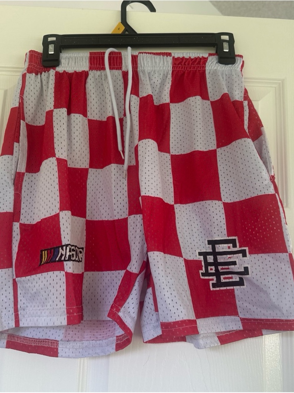 Eric Emanuel Red and White Checkerboard Mesh Shorts
